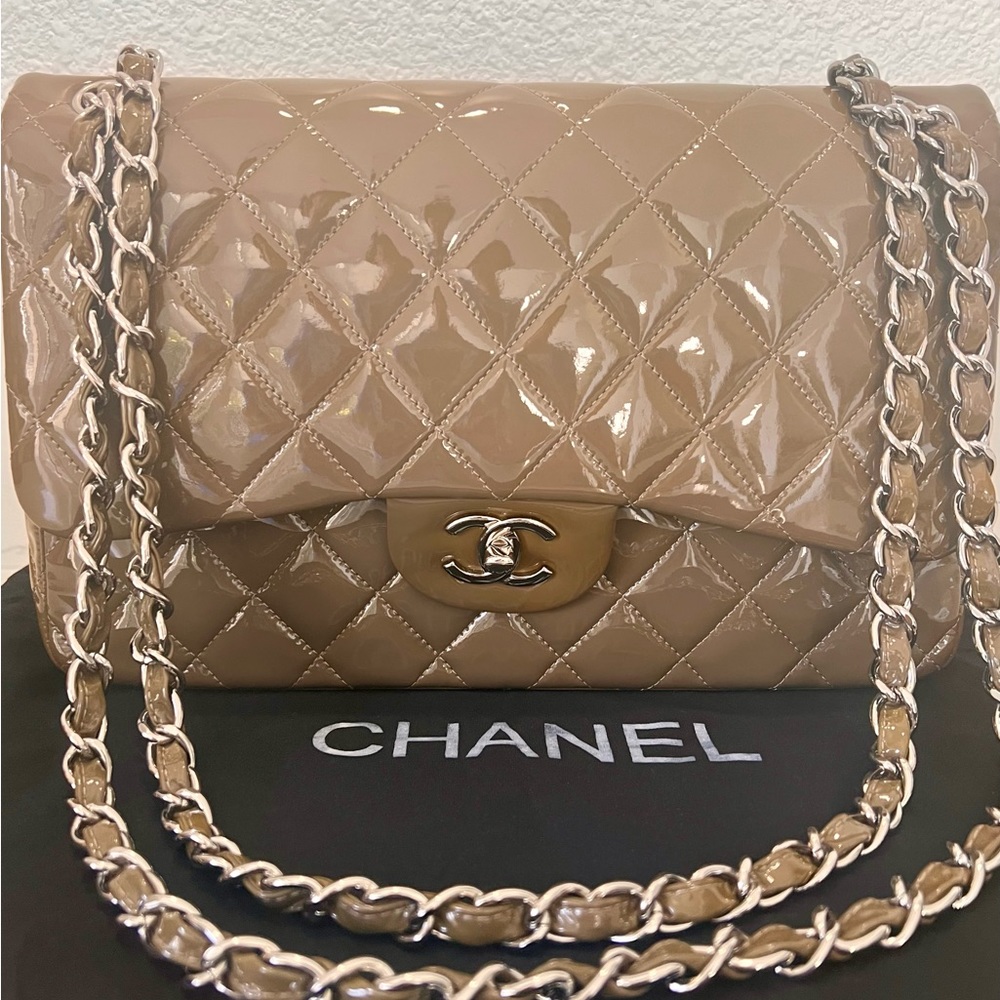 Chanel Classic Maxi Double Flap Patent Quilted Leather w/ Silver metal in Tan